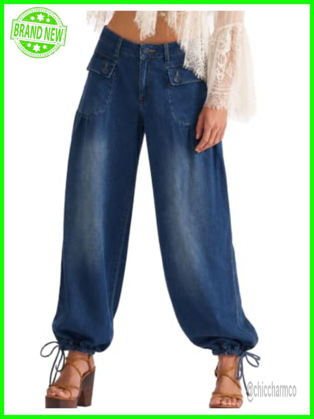Womens Balloon Wide Leg Jeans Stretchy Loose Fit Denim Pants